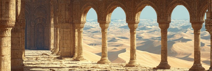 Fototapeta premium Majestic Ancient Architecture with Arches Overlooking Vast Desert Landscape under Clear Blue Sky