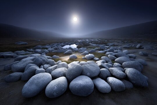 Moonlight on a stony path through a misty valley