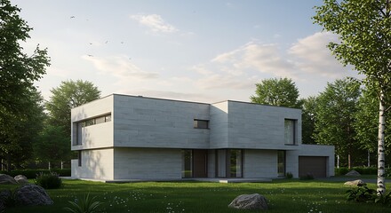 Obraz premium Modern House Exterior Design with Green Lawn and Serene Natural Surroundings Architectural Visualization of Contemporary Residence