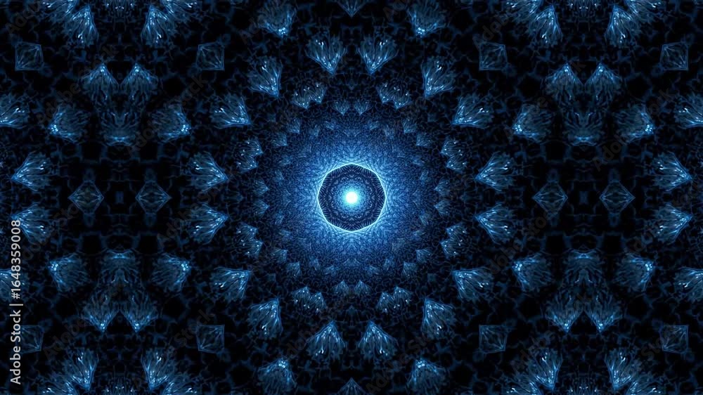 Poster vibrant blue fractal tunnel pulsing with ethereal light and intricate patterns