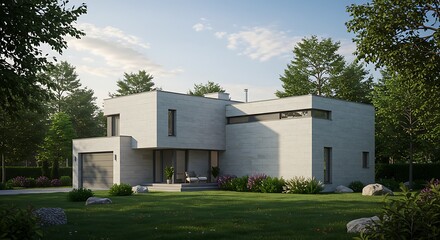 Fototapeta premium Modern minimalist house exterior design nestled in a lush green landscape on a bright sunny day