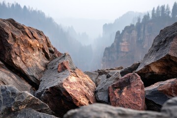 Obraz premium Rocky outcrop overlooking a misty valley