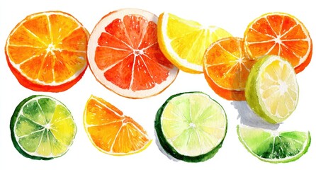 Obraz premium Watercolor citrus slices, various types