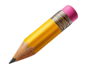 Yellow pencil with pink eraser, sharpened wood, graphite tip, classic school supply, isolated on white, evokes creativity and nostalgia