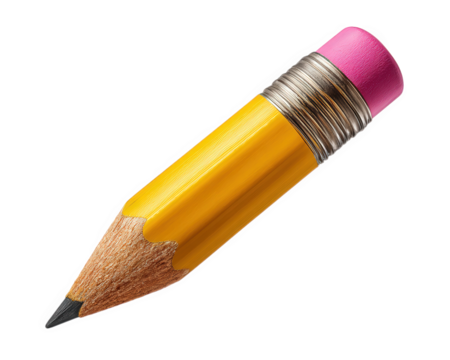 Yellow pencil with pink eraser, sharpened wood, graphite tip, classic school supply, isolated on white, evokes creativity and nostalgia