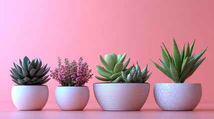 Obraz premium Minimalist succulents in white pots, soft pink background, still life