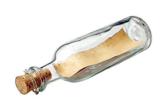 Clear glass bottle with cork and scroll