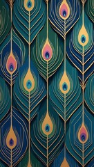 Fototapeta premium Modern wallpaper design inspired by peacock feathers, using geometric shapes, jewel tones, and metallic gold accents for a luxurious and cultural feel.