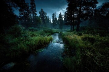 Misty forest stream at dusk