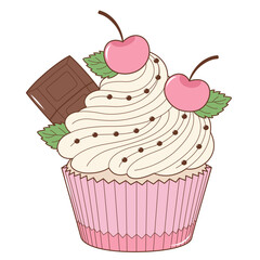 Cherry Fruit Cupcake With Chocolate Bar. Flat and Simple Food Illustration.