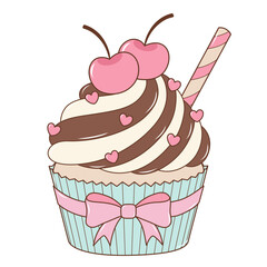 Cherry Fruit Cupcake With Wafer Roll. Flat and Simple Food Illustration.