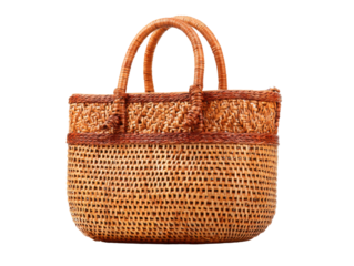 Woven rattan tote bag with braided handles and decorative band image, Isolated On Png Transparent Background