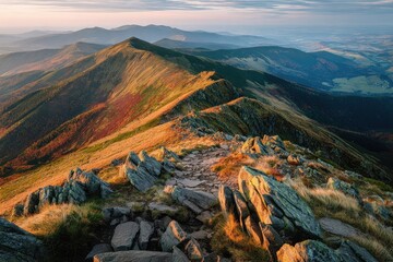 Autumnal mountain ridge path at dawn