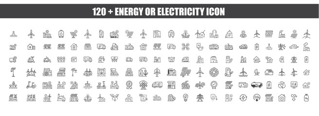 set of 120 + renewable energy and low emission sustainable power system line icon set including solar, wind, hydrogen and EV charging. Clean energy generation and grid infrastructure vector