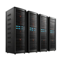 Black server racks with blue and orange lights computer technology, Isolated On Png Transparent Background