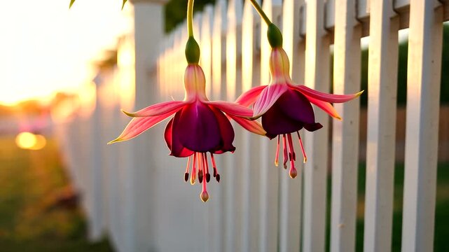 Beautiful fuchsia flowers hanging near a white picket fence during sunset in a garden