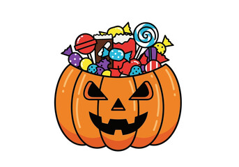 Pumpkin overflowing with halloween candy suitable for festive holiday backgrounds, party invitations, and costume advertisements. Bright and festive.
