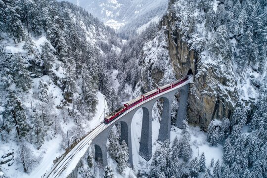 Aerial view of a train on a snow-covered mountain viaduct
