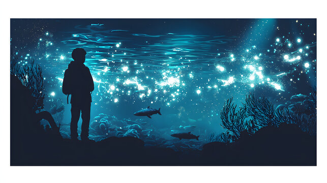 Digital art of a lone explorer in a deep sea fantasy landscape, observing glowing plankton and majestic sharks in the mysterious blue ocean.
