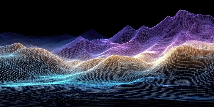 Glowing wireframe hills against a dark background