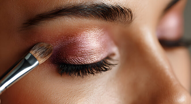 Professional makeup artist applying shimmering eyeshadow to a model closed eye