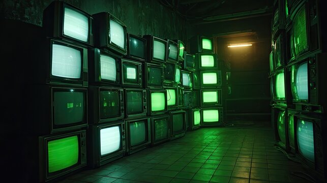 Retro TVs line a dark, grungy hallway