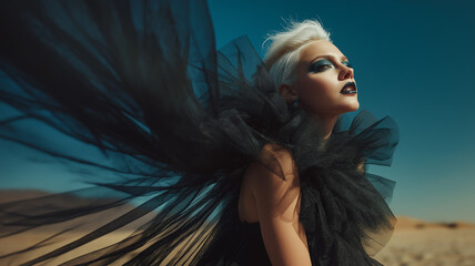 Elegant fashion portrait of a fierce woman with dramatic makeup in a desert setting