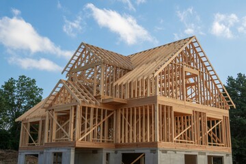 This image displays the wooden framework of a house under construction, with the intricate skeletal structure of walls and a roof clearly visible against a bright blue sky. 
