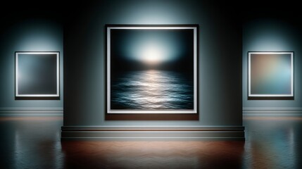 Three framed artworks one showing a luminous ocean horizon displayed in a dimly lit art gallery setting