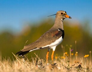 A brown and white bird stands in dry grass against a blurred background of yellow and green vegetation and a clear blue sky