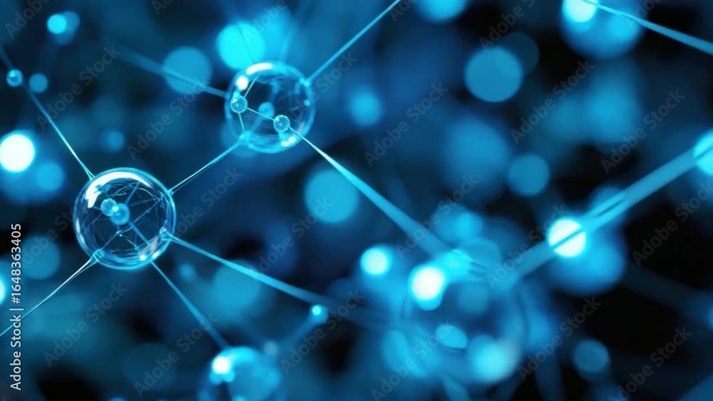 Poster abstract representation of blue molecular structures in a high-tech environment with bokeh effect