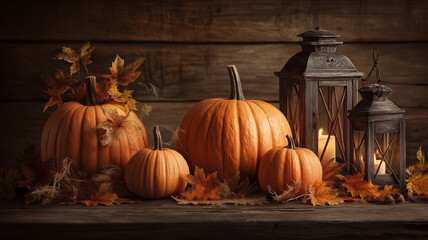Cozy rustic autumn scene with pumpkins, lanterns, and candlelight