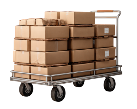 Stacked cardboard boxes on metal delivery cart, packages wrapped in brown paper, ready for shipping or moving, isolated on transparency background