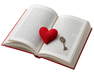 Open book with red cover, heart shaped plush and vintage key on pages, symbolizing love, romance, secrets, and emotional storytelling, isolated on transparency background
