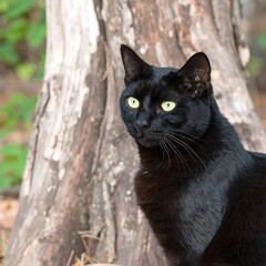A sleek black cat sits near a tree trunk, gazing intently off-camera