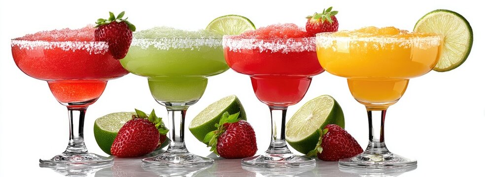 Four colorful margarita cocktails, garnished with lime wedges and strawberries, sit on a white background