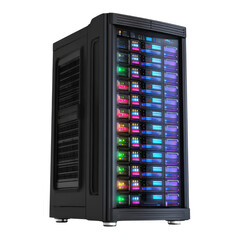 Modern server rack with illuminated components technology data, Isolated On Png Transparent Background