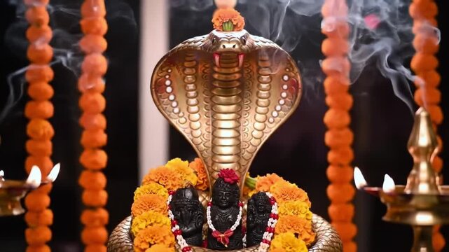Hindu Religious Idol Decorated with Marigold Flowers for Nag Panchami
