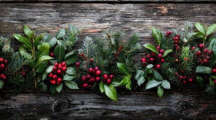 Christmas greenery border on rustic wood