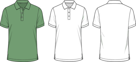 Men's polo shirt fashion flat sketch, front and back view vector template, casual wear technical drawing for apparel design use
