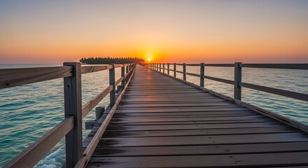 Fototapeta premium Scenic wooden pier stretching over turquoise waters towards a vibrant sunset horizon