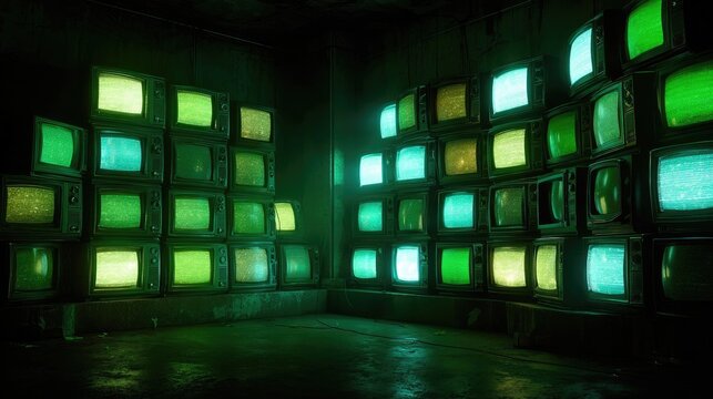 Glowing green TVs fill a dark, grunge room
