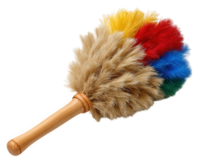 Colorful feather duster with wooden handle, fluffy texture, cleaning tool for dusting, household supply, isolated on transparency background