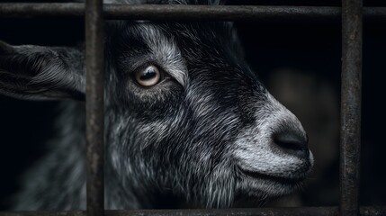 Close-up of goat behind metal bars in captivity, farm animal symbolizing livestock care, animal welfare, and ethical farming practices