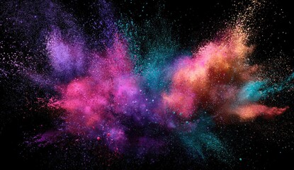 Vibrant colorful powder explosion against a black background.  A mix of pink, purple, blue, and orange powder bursts outward in a dynamic display