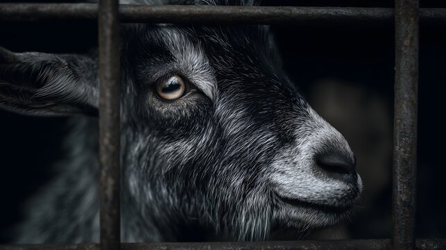 Close-up of goat behind metal bars in captivity, farm animal symbolizing livestock care, animal welfare, and ethical farming practices