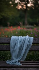 Light blue fabric draped on a wooden bench outdoors at dusk or dawn.