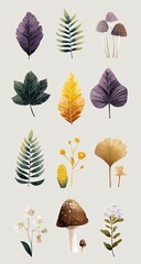Watercolor botanical illustrations of various leaves, ferns, mushrooms, and flowers