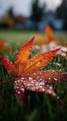 Autumnal Dewdrop Embrace: A Macro View of Nature's Tranquility