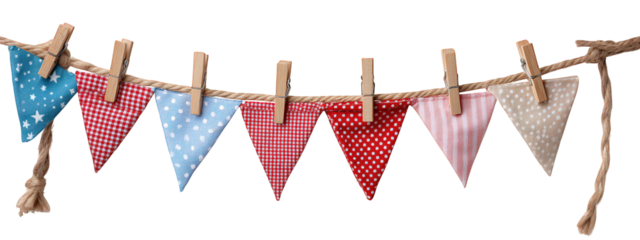 Colorful fabric pennant banner, blue red and beige triangle flags with patterns, hanging on rope with wooden clothespins, festive and cheerful decoration for party or celebration